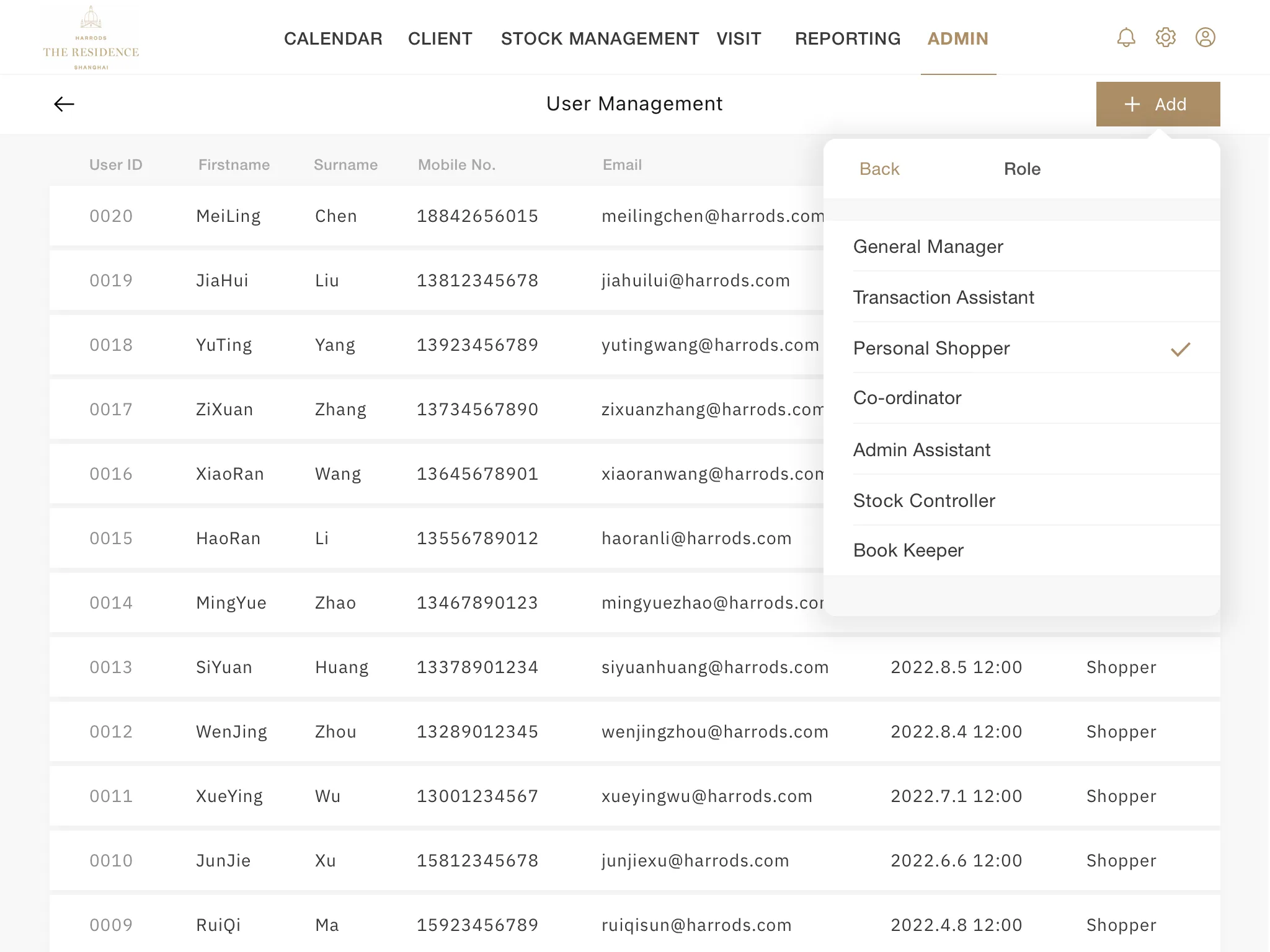 Harrods iPad user management interface with personal shopper role selection