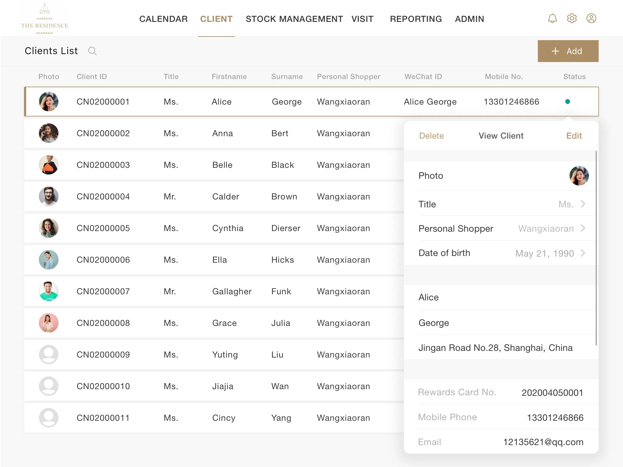Harrods iPad client list with selected client profile