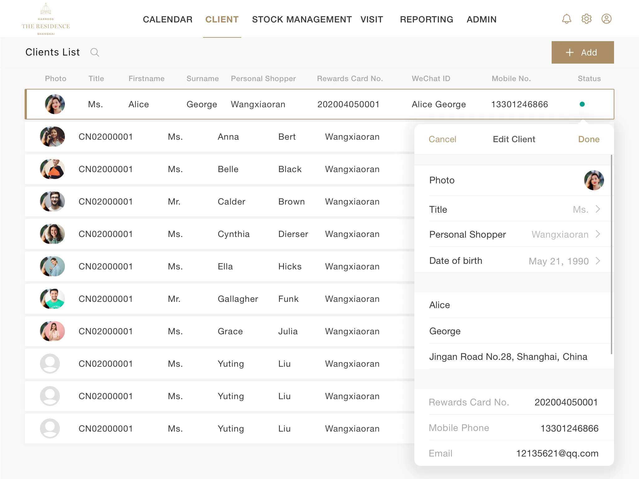 Harrods client editing interface