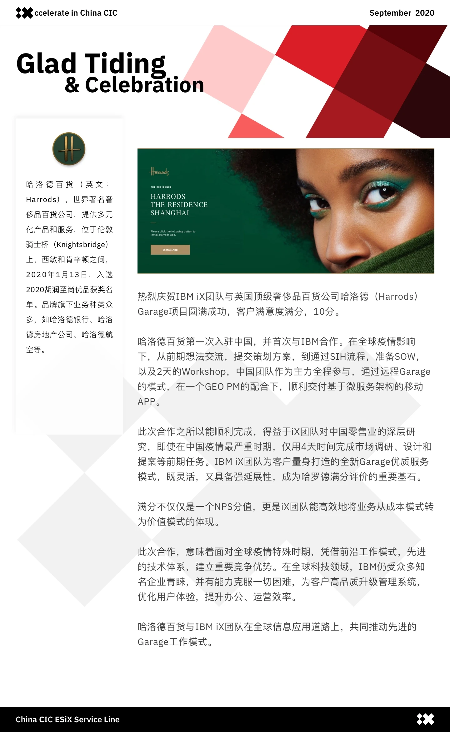 IBM Accelerate in China CIC delivery record from September 2020 celebrating the Harrods The Residence engagement and a 10/10 client satisfaction rating