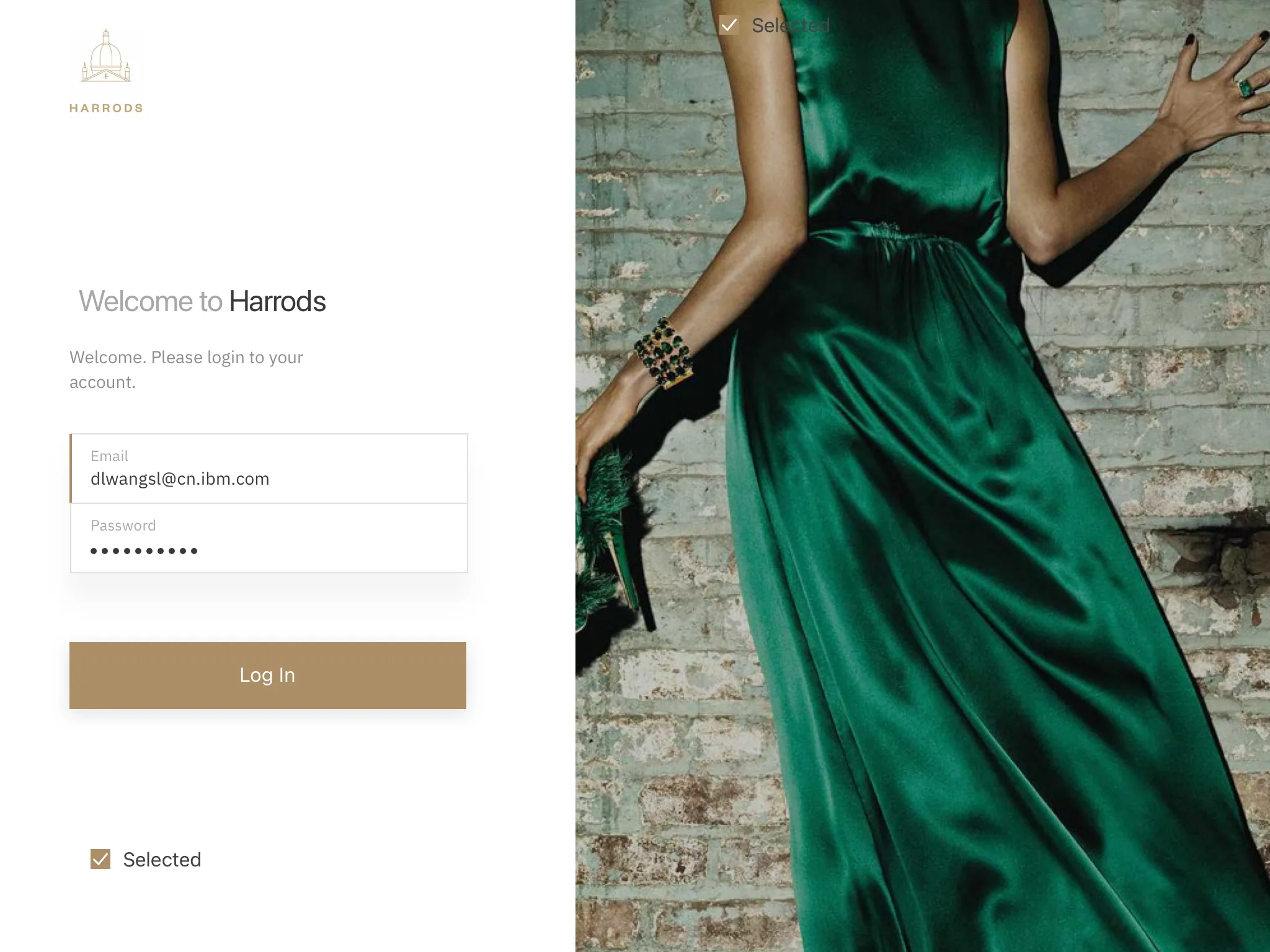 Harrods shopper application login screen
