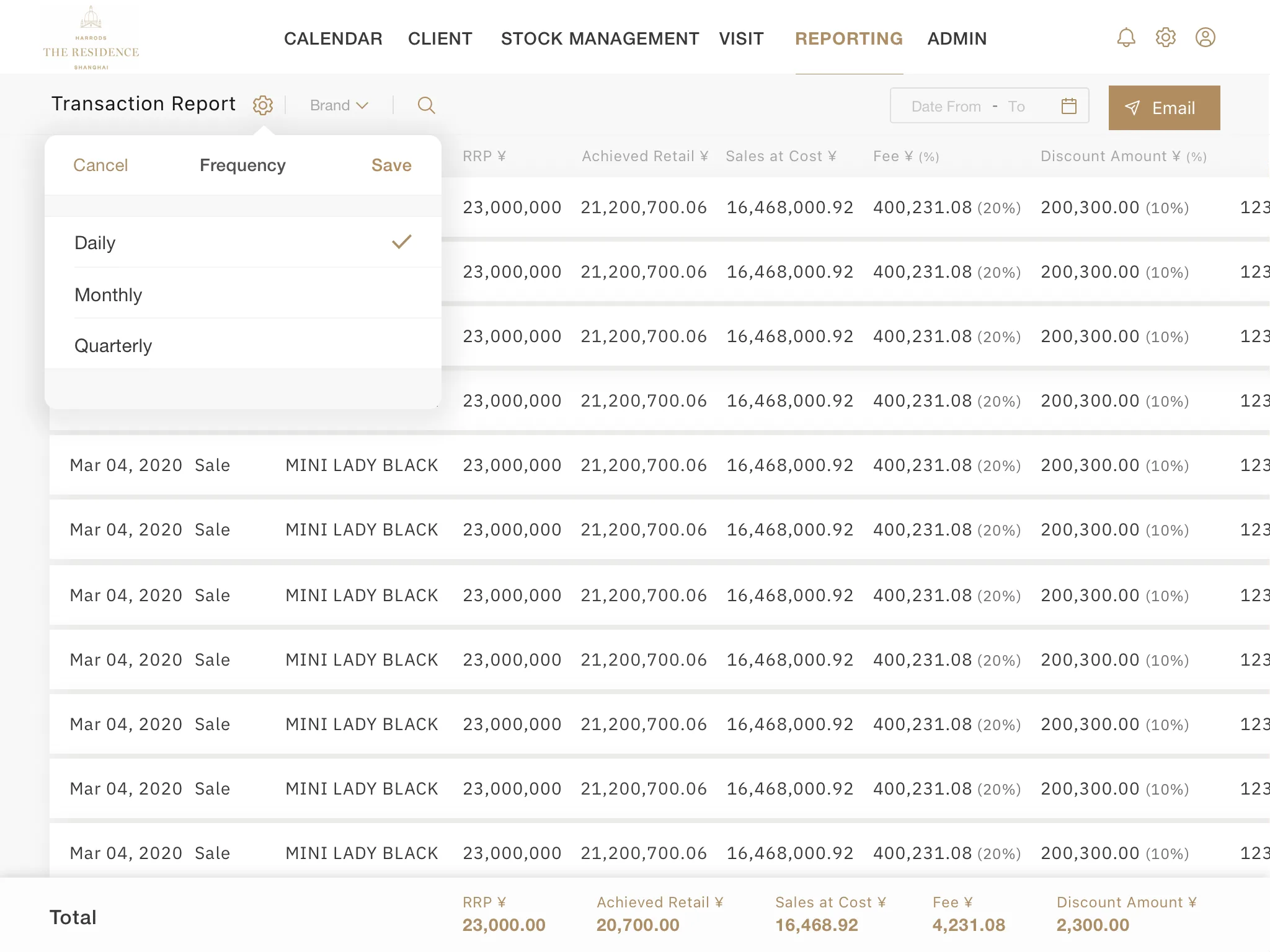 Harrods iPad transaction report with report frequency options