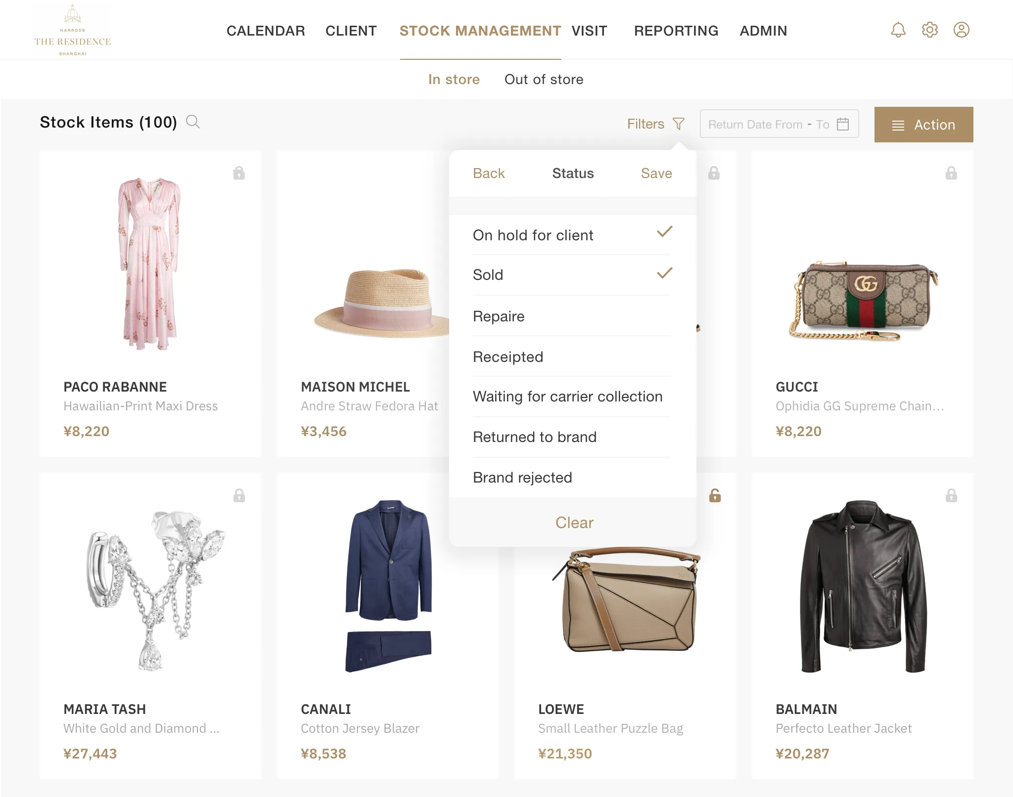 Harrods iPad stock management with status filters