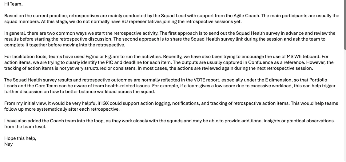 Original Garage coach team email requesting action logging, notifications, and tracking