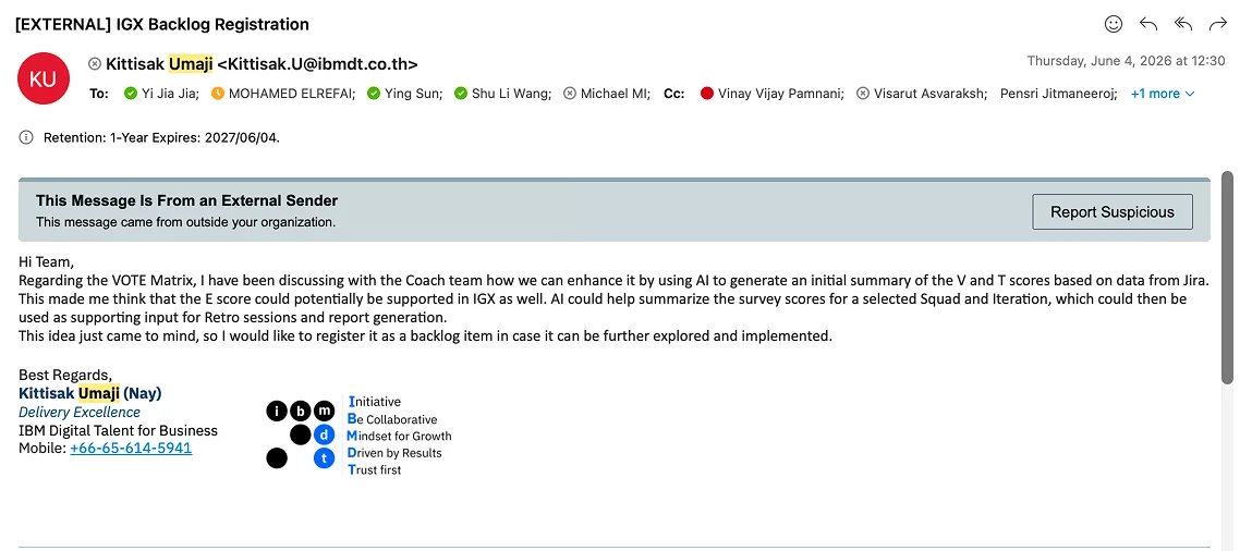 Original Garage coach team email requesting AI summaries for retrospective preparation