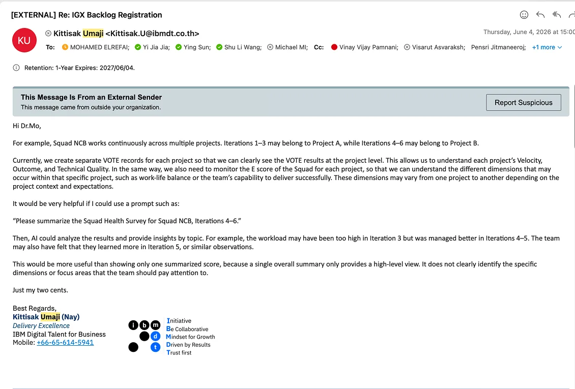 Original Garage coach team email requesting AI insight across several iterations