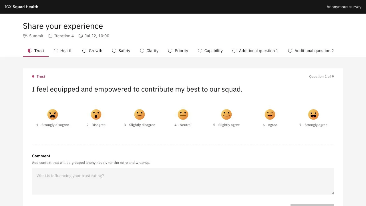 Member-facing anonymous Squad Health survey