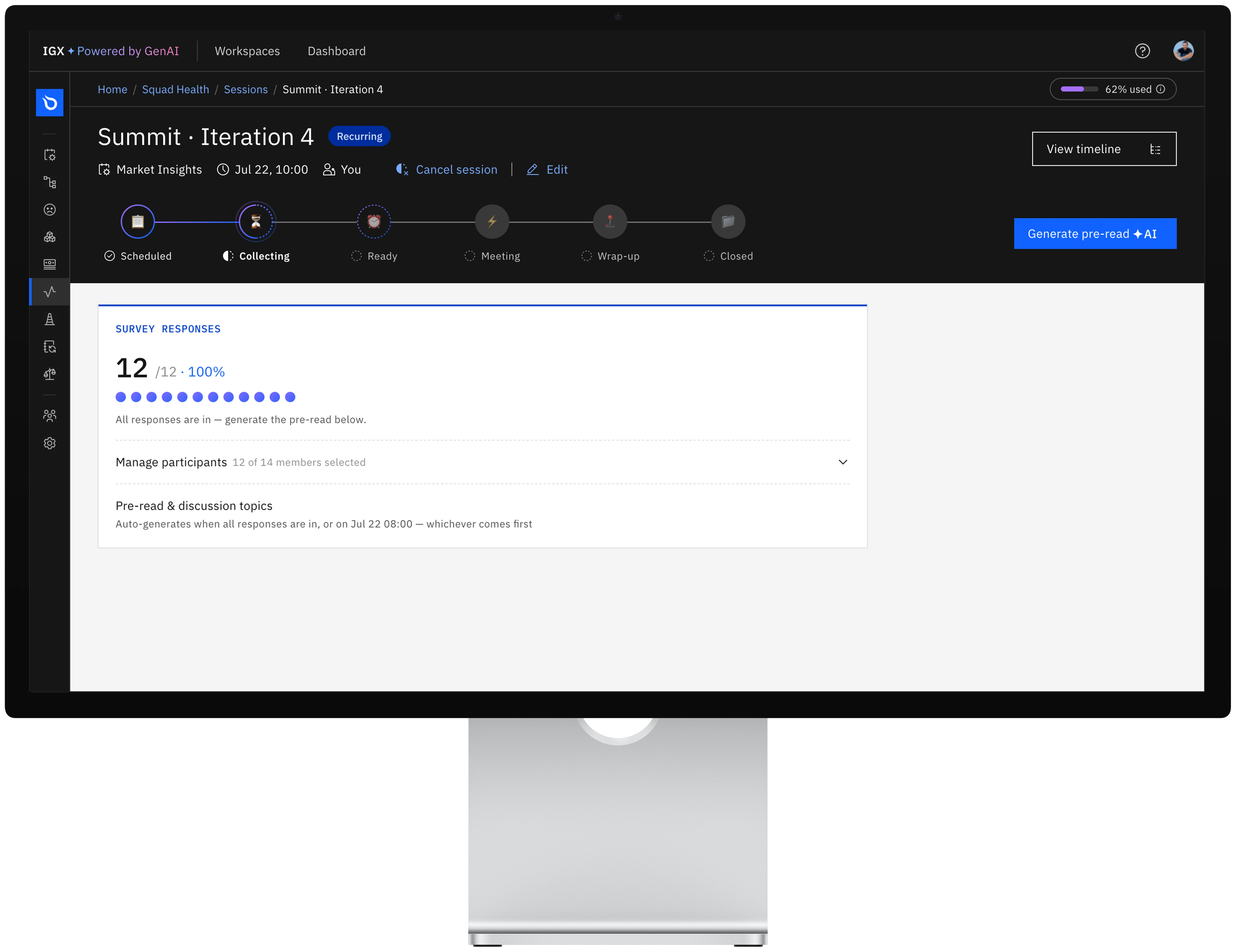 Squad Health collecting screen on a desktop display, with anonymous survey responses arriving