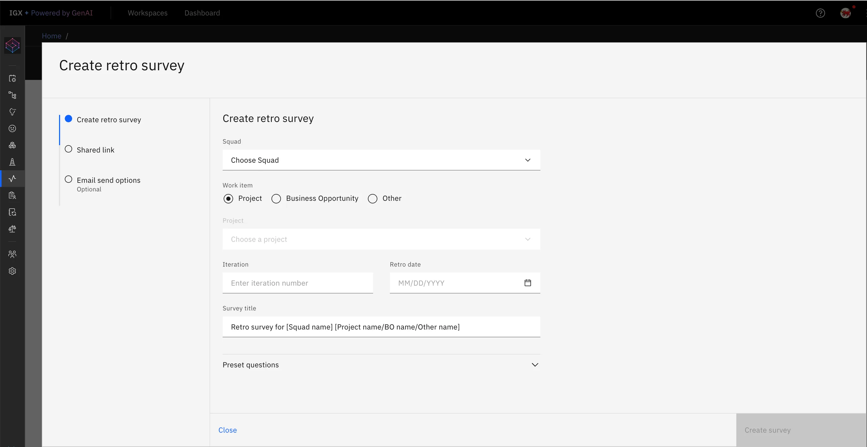 Legacy Squad Health three-step form for creating a retrospective survey