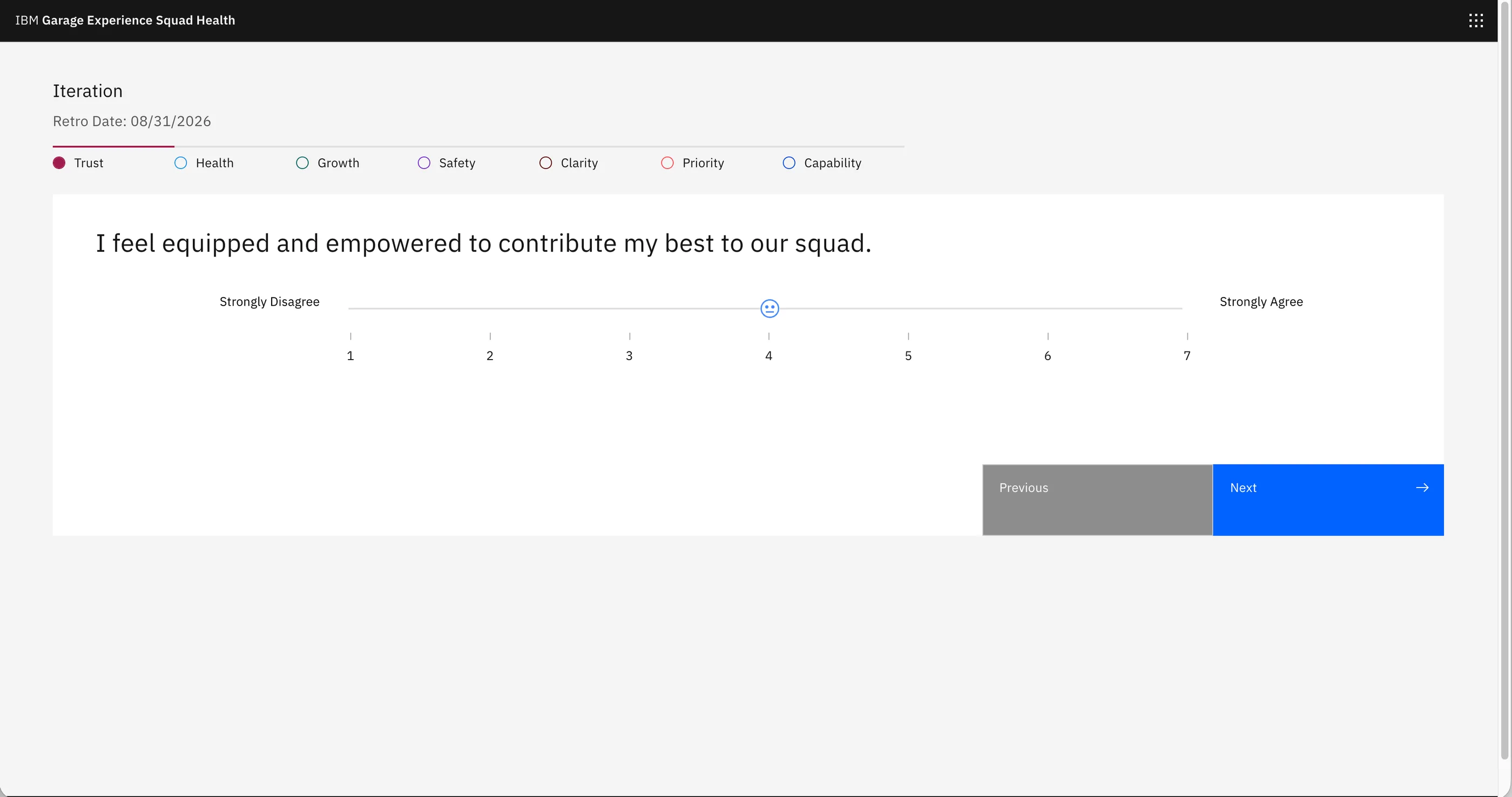Legacy Squad Health member survey showing a one-to-seven scale response