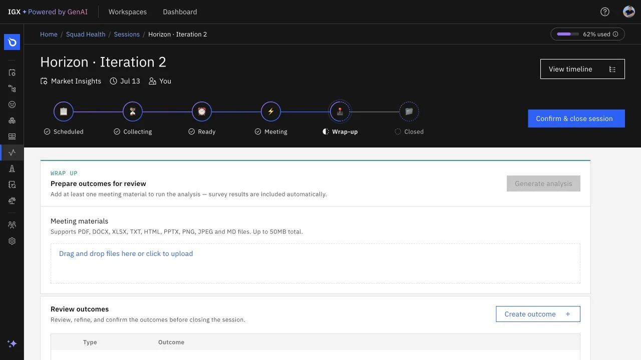 Wrap-up view that accepts meeting materials and prepares outcomes for review