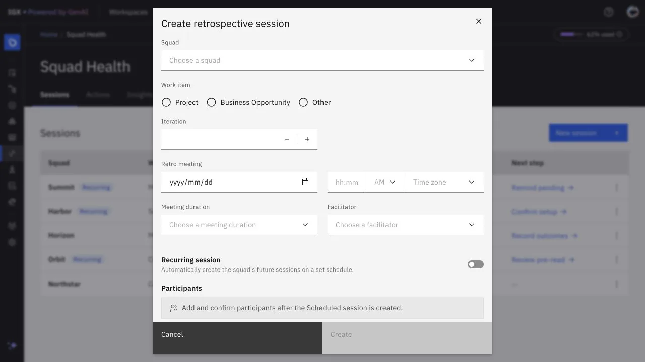Facilitator flow for setting up a recurring retrospective session with squad, iteration, schedule, participants, and survey